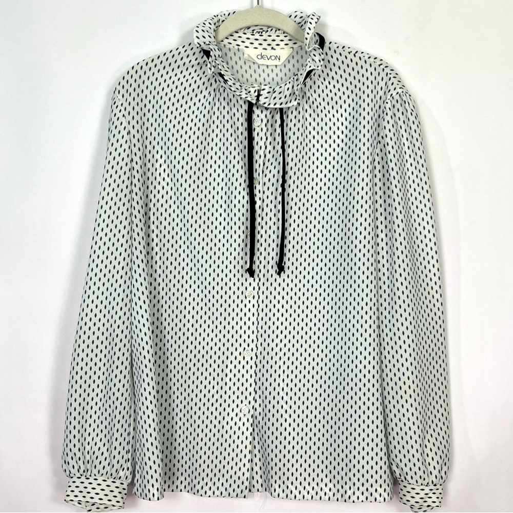 Vintage Devon White and Black Polka Dot Ruffle Tie Neck Button Up Blouse Large